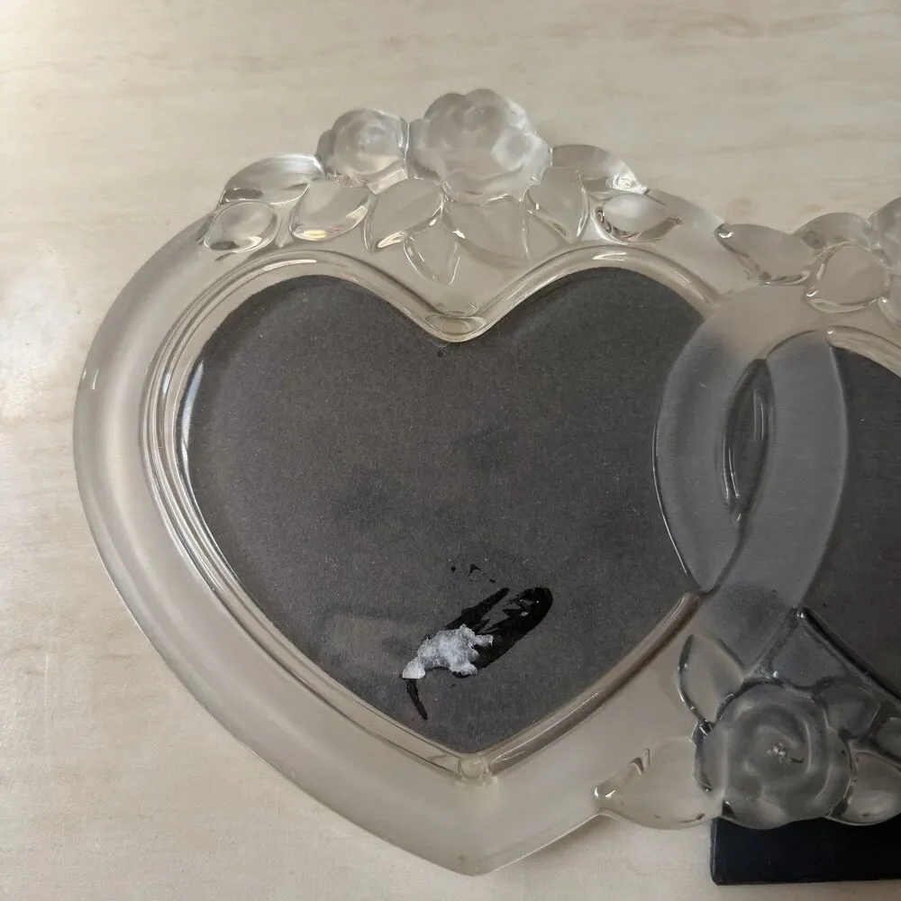 Mikasa Rosemont Triple Heart Crystal Glass Photo Frame Frosted Rose Vintage